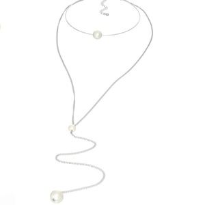 New Multi Layer Chain Choker Faux Pearl Silver Y Chain Necklace